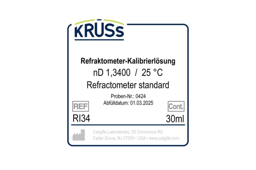 Eticheta lichidului de calibrare KRÜSS RI34, 1,3400 nD la 25 °C, 30 ml